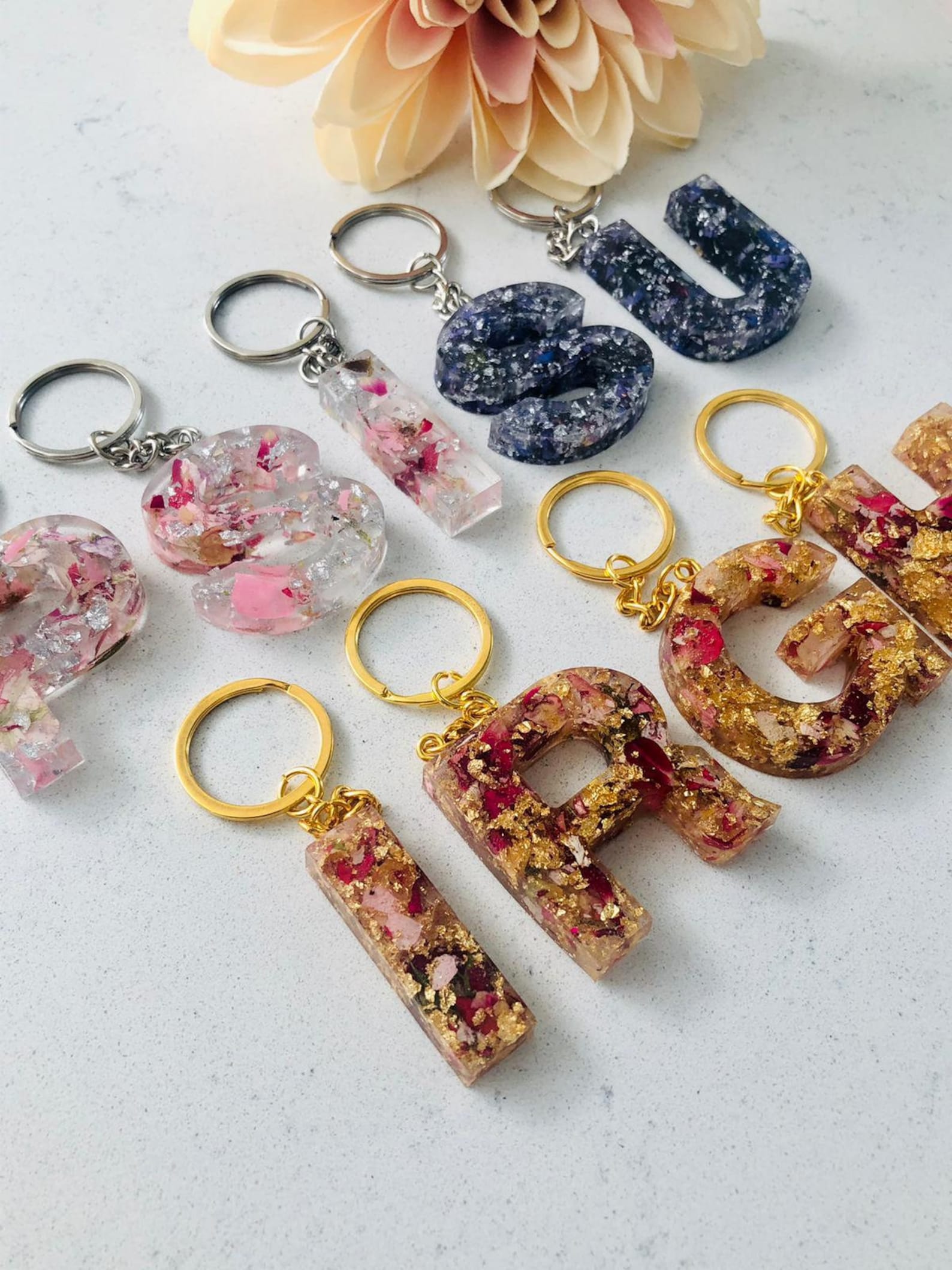 Handmade Resin Letter Keychain, Resin Letter Keyring, Flower Keychain