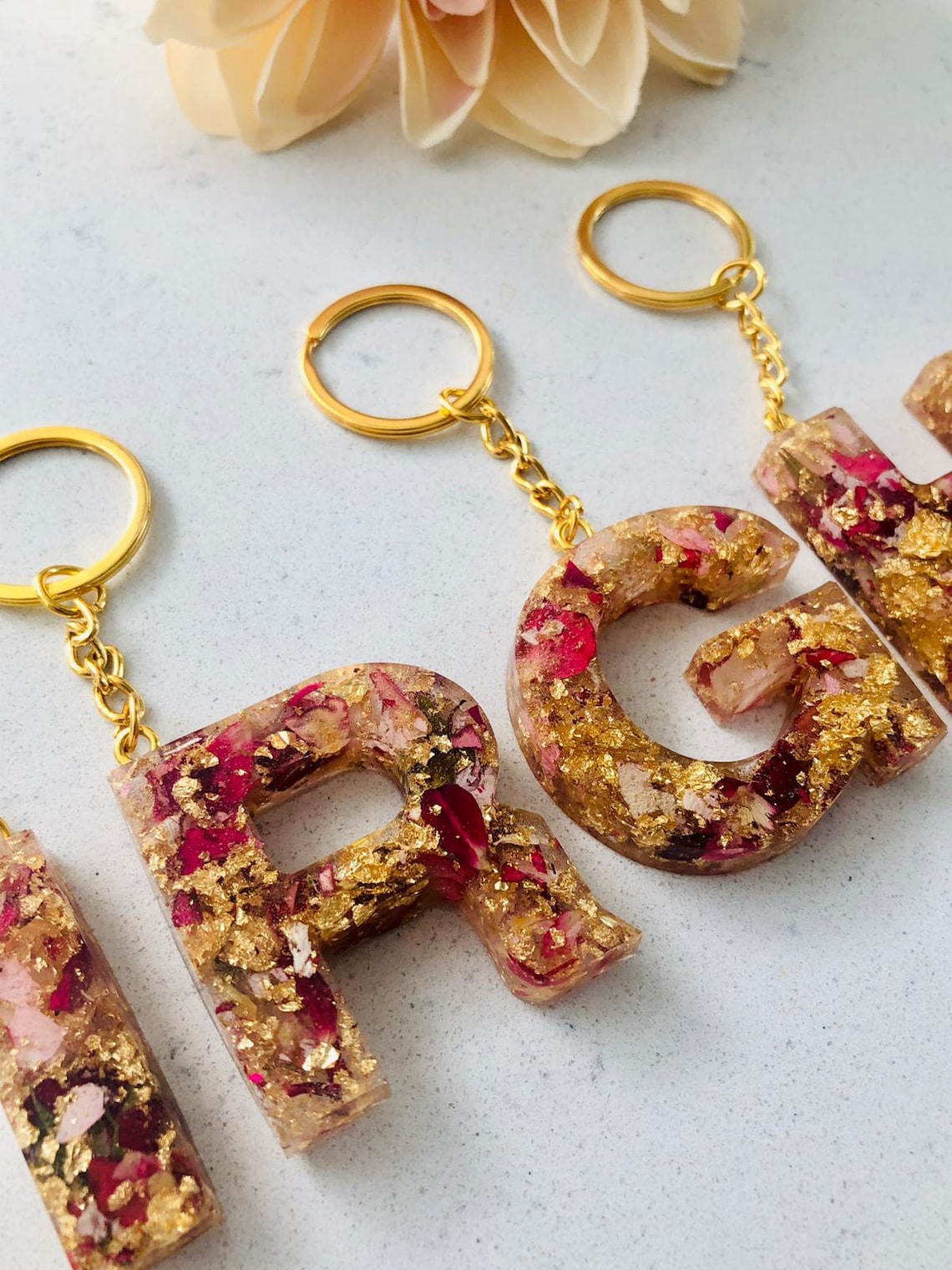 Handmade Resin Letter Keychain, Resin Letter Keyring, Flower Keychain