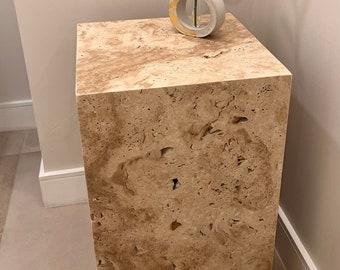 Handmade Travertine Cube Side Table, Natural Stone