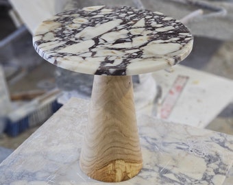 Calacatta viola or silver marble & travertine end table wooden leg model is handmade free shipping