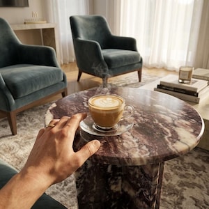 May include: A round side table crafted from deep purple and white veined marble with a cylindrical base. A clear glass cup and saucer containing a steaming latte with white foam art sits on the polished surface of the table.