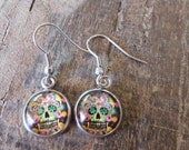 Sugar skull silver dangle earrings, novelty mexican sugar skull earrings