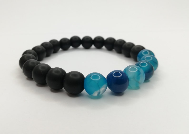 Woman Matte Onyx Bracelet Yoga Bracelet Man BLUE AGATE and Onyx Gemstone Bracelet Stretch Bracelet Unisex Beaded