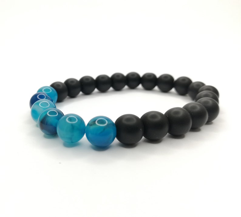Woman Matte Onyx Bracelet Yoga Bracelet Man BLUE AGATE and Onyx Gemstone Bracelet Stretch Bracelet Unisex Beaded