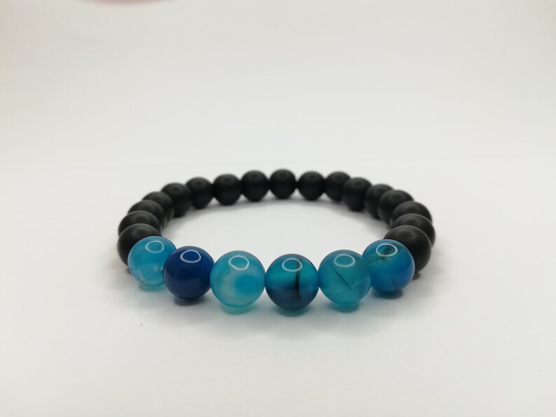 Woman Matte Onyx Bracelet Yoga Bracelet Man BLUE AGATE and Onyx Gemstone Bracelet Stretch Bracelet Unisex Beaded