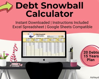 May include: A computer screen displaying a spreadsheet titled "Debt Snowball Calculator". The spreadsheet is designed to help users track and manage their debt. The image also includes the text "20 Debts 15 Years Plan" and "AshleysDigiStore".