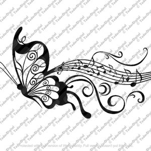 May include: A black and white silhouette of a butterfly with intricate details, flying over a musical staff with notes. The butterfly's wings are adorned with swirls and curls, creating a delicate and elegant design.