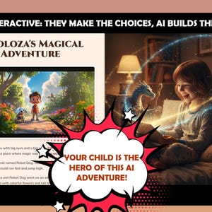 Puede incluir: Un anuncio de una aventura de IA interactiva para niños. La imagen presenta a una niña sonriendo mientras interactúa con un dragón digital. El texto incluye "Nikoloza's Magical Adventure" y "¡Tu hijo es el héroe de esta aventura de IA!"