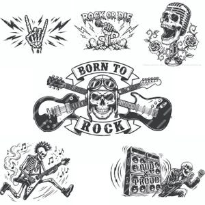 Op de afbeelding: Zwart-wit illustraties met rock and roll thema's. Bevat een skelet hand die het rockteken maakt, een schedel met een microfoon, gitaren en de zinnen "Rock or Die" en "Born to Rock".