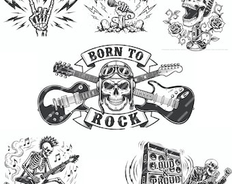 Rock Skull SVG Bundle | Music Tattoo Vector Collection | Born To Rock Biker Clipart | Skeleton Guitar & Microphone | Heavy Metal Design