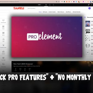 Op de afbeelding: Een screenshot van een website met een paarse en rode gradiënt achtergrond, met de tekst "PRO element". De site toont ook afgeprijsde artikelen en de tekst "UNLOCK PRO FEATURES" + "NO MONTHLY FEES".