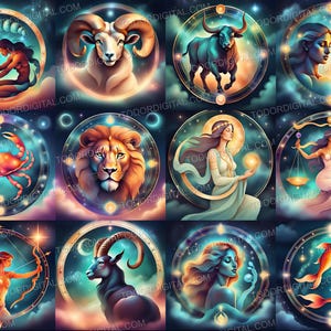 Lot de papiers numériques Zodiac Fantasy, Verseau, Bélier, Cancer, Capricorne, Gémeaux, Lion, Balance, Poissons, Sagittaire, Scorpion, Taureau, Vierge