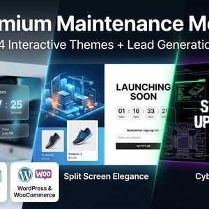 May include: Promotional graphic for a website maintenance mode, showcasing three design themes: 3D Glassmorphism, Launching Soon, and System Updating. The image includes a countdown timer, product displays, and the text "Premium Maintenance Mode."