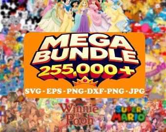 Puede incluir: Una pancarta naranja brillante con el texto "MEGA BUNDLE 255,000+ SVG-EPS-PNG-DXF-PNG-JPG" en blanco. La pancarta está delante de un collage de personajes de dibujos animados, incluyendo princesas Disney, Winnie the Pooh y Super Mario.