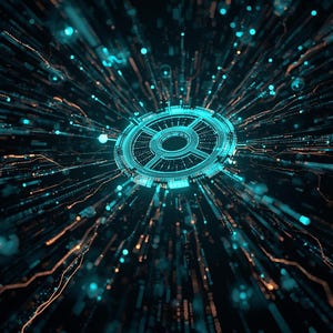 Puede incluir: Arte digital abstracto con un dise&ntilde;o circular central turquesa, rodeado de l&iacute;neas y puntos radiantes. La imagen tiene un fondo oscuro, creando una sensaci&oacute;n de profundidad y movimiento. El tema es la tecnolog&iacute;a.