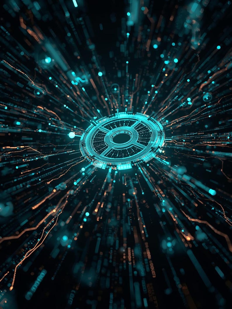 Puede incluir: Arte digital abstracto con un dise&ntilde;o circular central turquesa, rodeado de l&iacute;neas y puntos radiantes. La imagen tiene un fondo oscuro, creando una sensaci&oacute;n de profundidad y movimiento. El tema es la tecnolog&iacute;a.