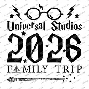 May include: Black and white graphic design featuring glasses, lightning bolts, stars, and the text "Universal Studios 2026 Family Trip." A wand and the Hogwarts symbol are also included in the design.