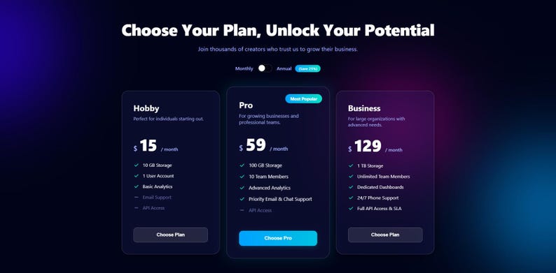 Aurora Glow Pricing Table – HTML/CSS/JS Component, Glassmorphism - Etsy