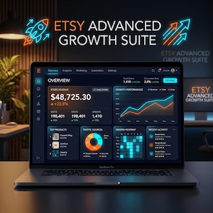 Peut inclure: Un écran d'ordinateur portable affichant le tableau de bord Etsy Advanced Growth Suite en mode sombre, présentant un revenu de 48 725,30 $, des graphiques de performance, un diagramme circulaire des sources de trafic et un suivi des commandes.