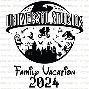 Universal Studios, archivo SVG de vacaciones familiares, diseño SVG de vacaciones 2024, imágenes prediseñadas de viaje familiar, gráficos vectoriales.