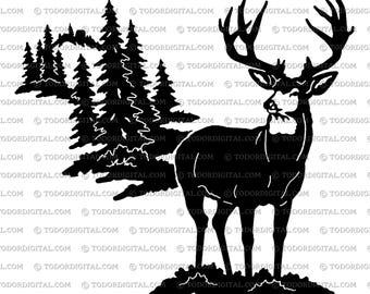 May include: Black and white silhouette of a deer standing in a forest. The deer has large antlers and is facing to the right. The forest is made up of pine trees.