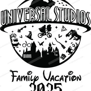 Universal Studios, archivo SVG de vacaciones familiares, diseño SVG de vacaciones 2025, imágenes prediseñadas de viaje familiar, gráficos vectoriales.