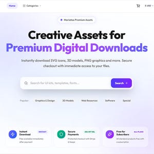 May include: A website interface for Mariatoo featuring the text Creative Assets for Premium Digital Downloads, a search bar, and navigation menus. The layout includes sections for instant downloads, secure payments, and subscriber benefits.