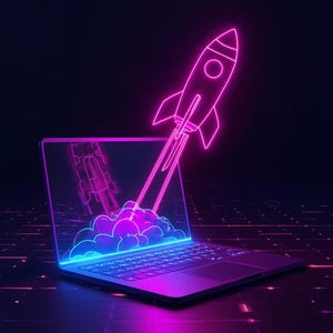 Puede incluir: Un port&aacute;til con un brillo ne&oacute;n azul y rosa. Un cohete rosa ne&oacute;n se lanza desde la pantalla, con una estela de humo. El fondo es oscuro con un patr&oacute;n de cuadr&iacute;cula, y el tema general es la tecnolog&iacute;a y la innovaci&oacute;n.