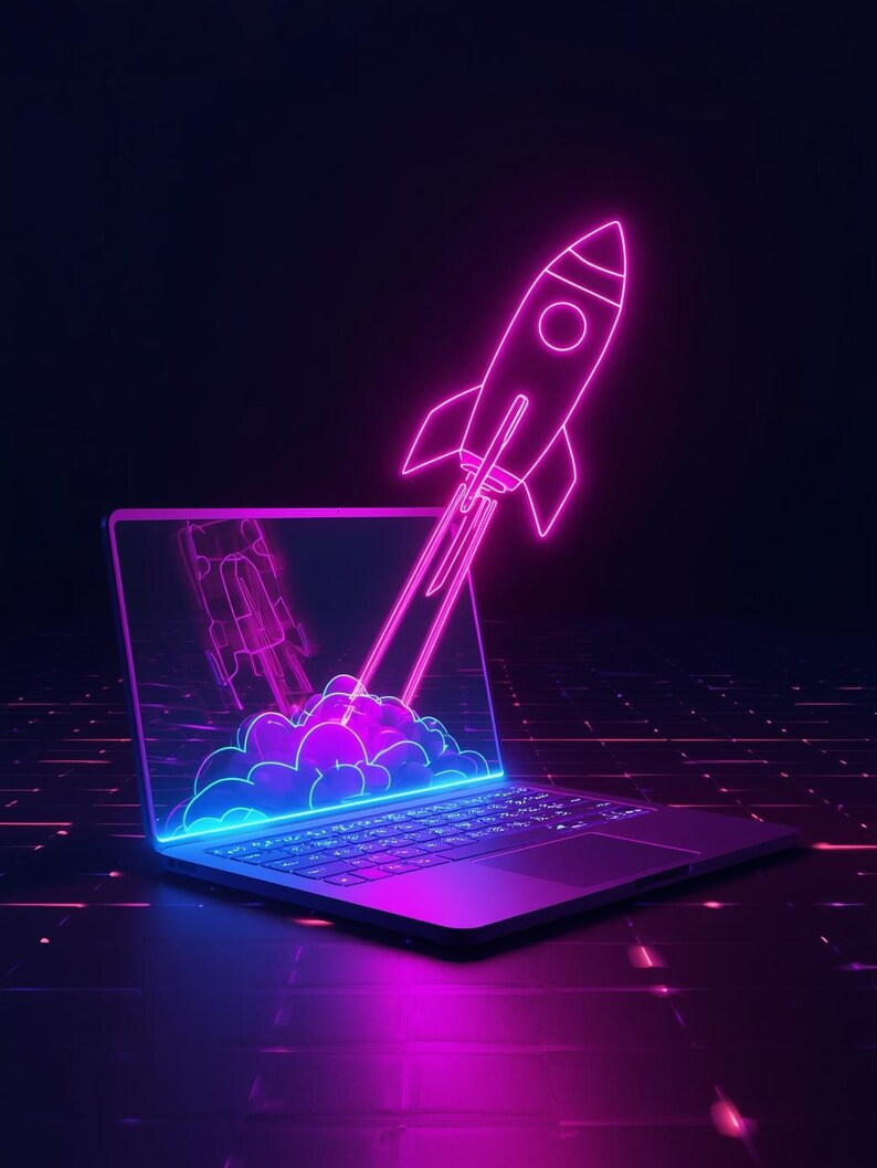 Puede incluir: Un port&aacute;til con un brillo ne&oacute;n azul y rosa. Un cohete rosa ne&oacute;n se lanza desde la pantalla, con una estela de humo. El fondo es oscuro con un patr&oacute;n de cuadr&iacute;cula, y el tema general es la tecnolog&iacute;a y la innovaci&oacute;n.