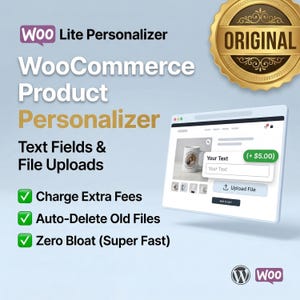 Op de afbeelding: Een digitaal scherm toont een productpersonalisatie-interface. De interface bevat opties voor tekstvelden en bestandsuploads. De afbeelding bevat ook een gouden zegel met de tekst "ORIGINAL".