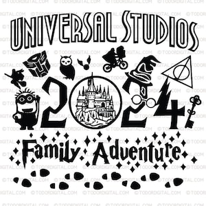 Universal Studios - Archivo SVG de aventura familiar - Diseño SVG de aventura 2024 - Imágenes prediseñadas de viaje familiar - Gráficos vectoriales - Universal Studio svg