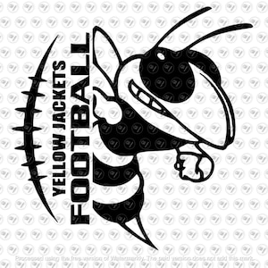 May include: Black and white illustration of a football with the text "YELLOW JACKETS FOOTBALL" around it. A cartoon bee is in the background.
