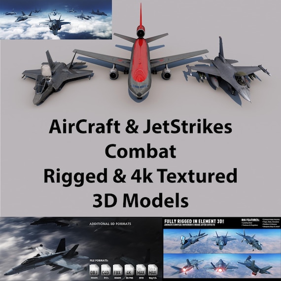3D Military & Passenger Airplane Models Pack | MiG-29, Boeing 747, F-16, F-22, C-130, F-35 | OBJ, FBX, C4D, MAX | High-Res Textures