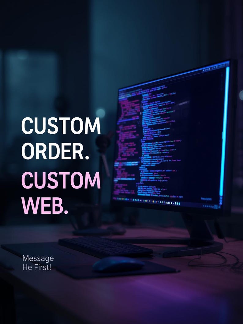 Puede incluir: Un monitor de ordenador que muestra c&oacute;digo, con las palabras "CUSTOM ORDER. CUSTOM WEB." en blanco y rosa. La frase "Message He First!" est&aacute; debajo. Un teclado y un rat&oacute;n est&aacute;n en el escritorio.