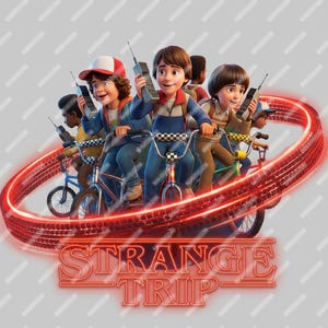 Peut inclure: Illustration numérique d'un groupe d'enfants à vélo, chacun tenant un talkie-walkie. Ils sont entourés d'une piste de pneu rouge brillant, avec les mots "STRANGE TRIP" dans une police de style néon en bas.