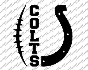 May include: Black graphic of a football, the word "COLTS" in bold block letters, and a horseshoe. The design is a logo for the Indianapolis Colts football team.