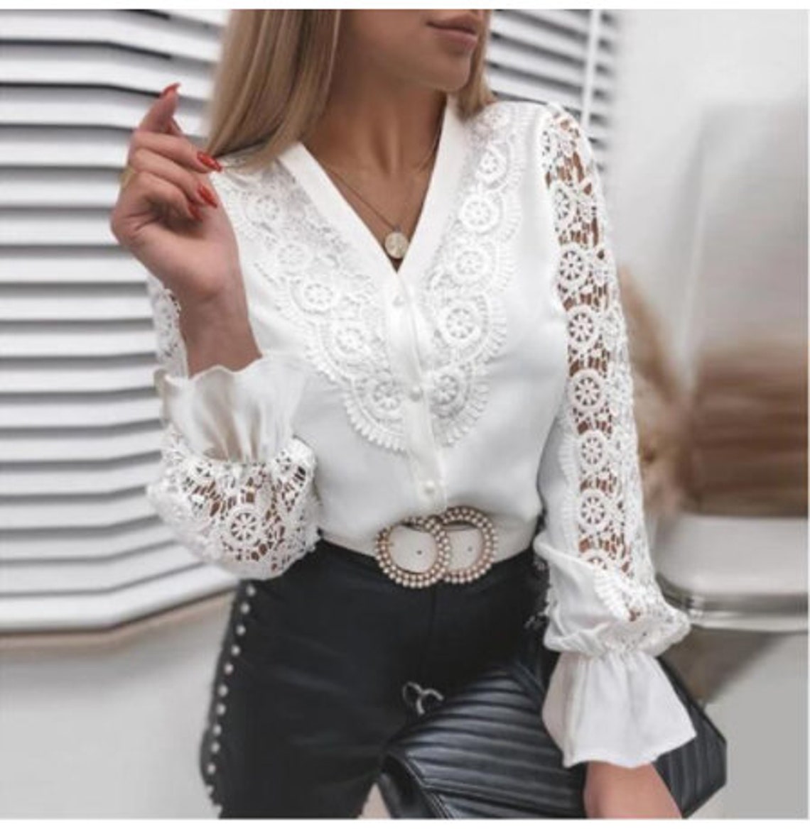 White Elegant Lace Long Sleeved Blouse for Women Etsy