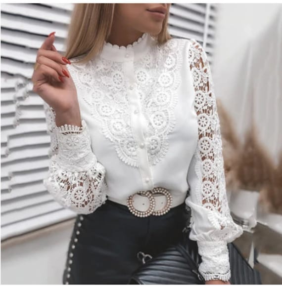 A veces a veces Deslumbrante uno Blusa blanca elegante de encaje de manga larga para mujer - Etsy España
