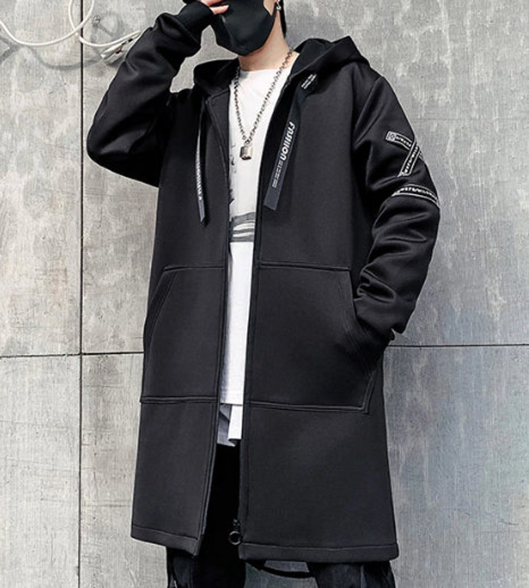 Men Hooded Windbreaker Ribbon Overcoat Outwear Streetwear - Etsy