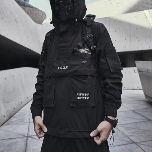 Techwear Black Cargo Streetwear Tactical Multi-pocket Hooded - Etsy