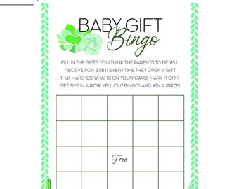 Puede incluir: Una tarjeta de bingo de baby shower verde y blanca con un borde verde y un diseño de planta suculenta. La tarjeta tiene un espacio libre en el centro y 24 casillas en blanco para que los jugadores las rellenen con los regalos que creen que los padres recibirán.