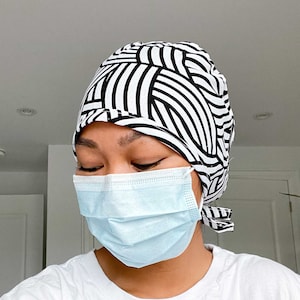 Unisex Japanese Waves Line Cotton Adjustable Scrub Cap - Surgical Cap - Head Wrap