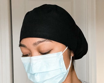 Solid Black Cotton Adjustable Scrub Cap - Surgical Cap - Head Wrap