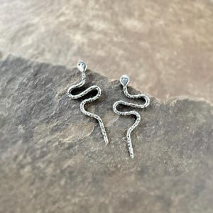 Könnte beinhalten: Ein Paar silberfarbene Schlangenohrringe. Jeder Ohrring hat ein detailliertes, strukturiertes Schlangendesign mit einem kleinen Kopf und einem gebogenen Körper. Die Ohrringe werden auf einer strukturierten, neutral getönten Oberfläche präsentiert.