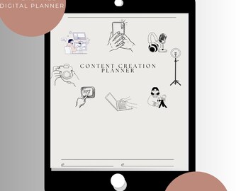 May include: A digital planner for content creators with a minimalist aesthetic. The planner includes icons for different content creation tools, such as a camera, laptop, microphone, and phone.