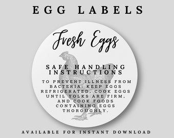 Etiquetas de huevos frescos - Pegatinas frescas de granja - Pegatina de cartón de huevos - Pollos - Plantilla de pegatinas de pollo -Instrucciones de manipulación segura - Etiquetas de huevos