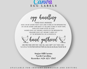 May include: Black and white printable egg label with a hand-drawn illustration of a chicken. The label includes the text "egg handling", "mixed eggs ungraded", "hand gathered", and "Sugar Hill Farms, North Carolina".