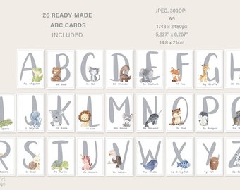 May include: 26 printable alphabet cards featuring a gray background with a large white letter and a watercolor illustration of an animal. Each card includes the letter and the name of the animal, such as "Aa Alligator" and "Bb Bear".