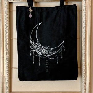 Crescent Moon Black Canvas Tote, Amethyst Keychain Included