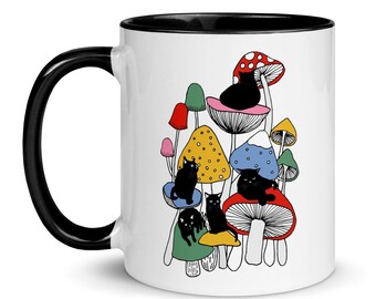 Taza de gato negro y champiñones / Regalo de mamá gato negro / Regalo de dueño de gato negro / Linda taza de gato negro / Taza de gatito / Regalo de amante del gato negro
